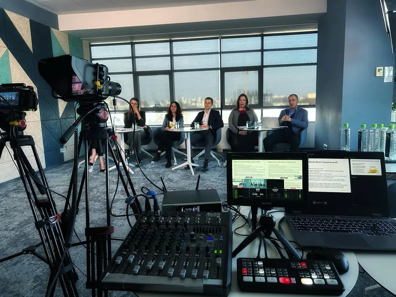 Professional interview setup with Nanlite lighting at Crowe Romania offices