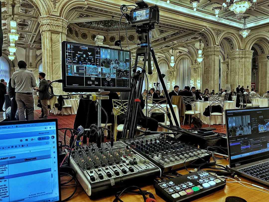 Audio mixing desk and ATEM switcher at Palace of Parliament during Re:Patriot Summit